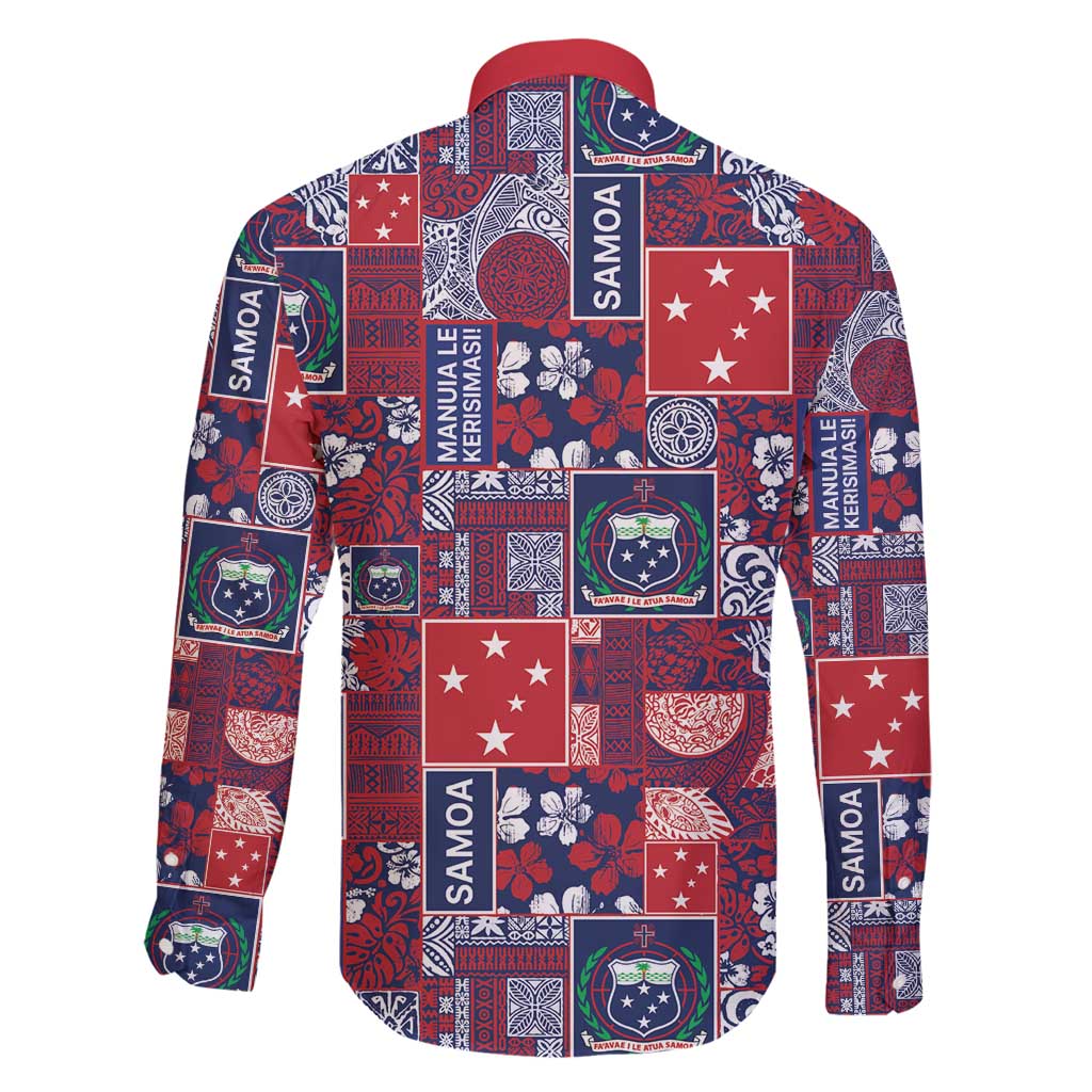 Red Samoa Manuia Le Kerisimasi Family Matching Off Shoulder Short Dress and Hawaiian Shirt Pacific Patchwork Xmas Vibes - Polynesian Pride