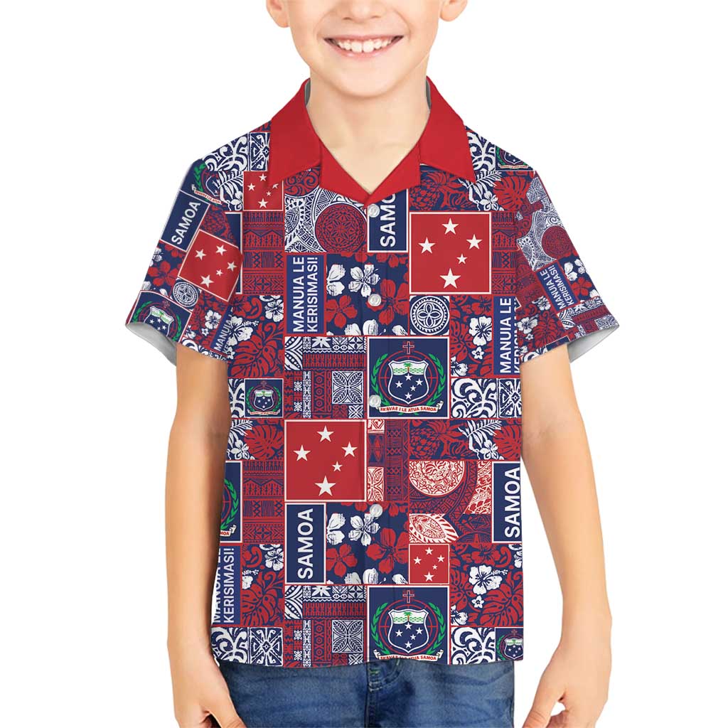 Red Samoa Manuia Le Kerisimasi Family Matching Off Shoulder Short Dress and Hawaiian Shirt Pacific Patchwork Xmas Vibes - Polynesian Pride