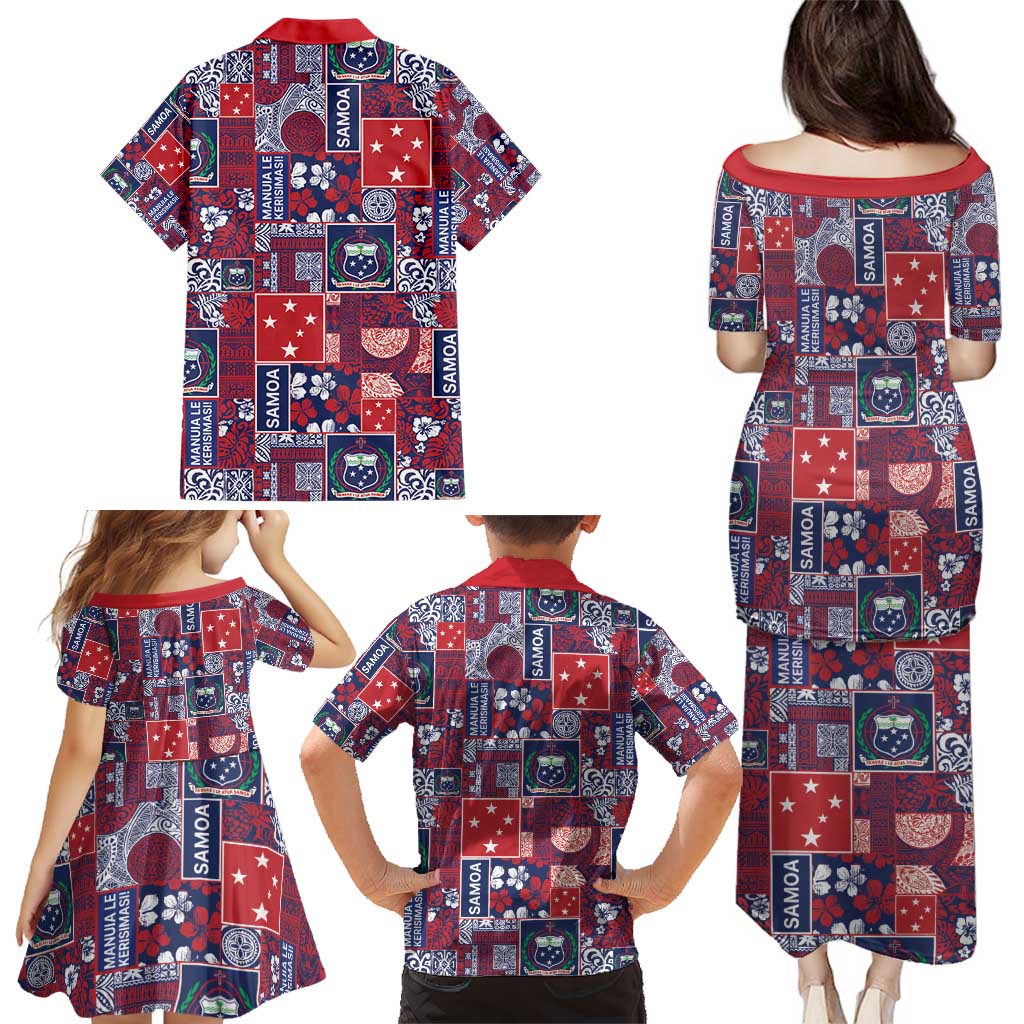 Red Samoa Manuia Le Kerisimasi Family Matching Puletasi and Hawaiian Shirt Pacific Patchwork Xmas Vibes - Polynesian Pride
