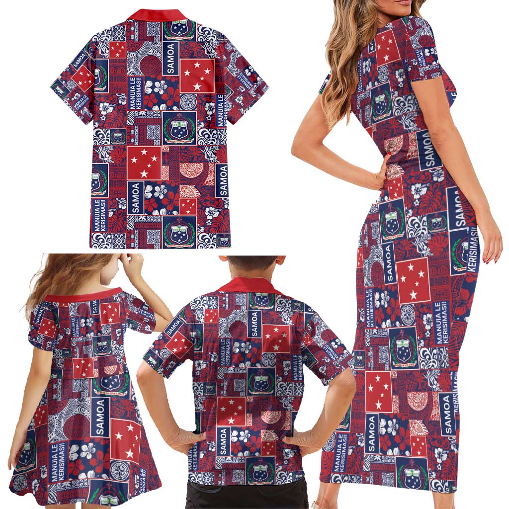 Red Samoa Manuia Le Kerisimasi Family Matching Short Sleeve Bodycon Dress and Hawaiian Shirt Pacific Patchwork Xmas Vibes - Polynesian Pride