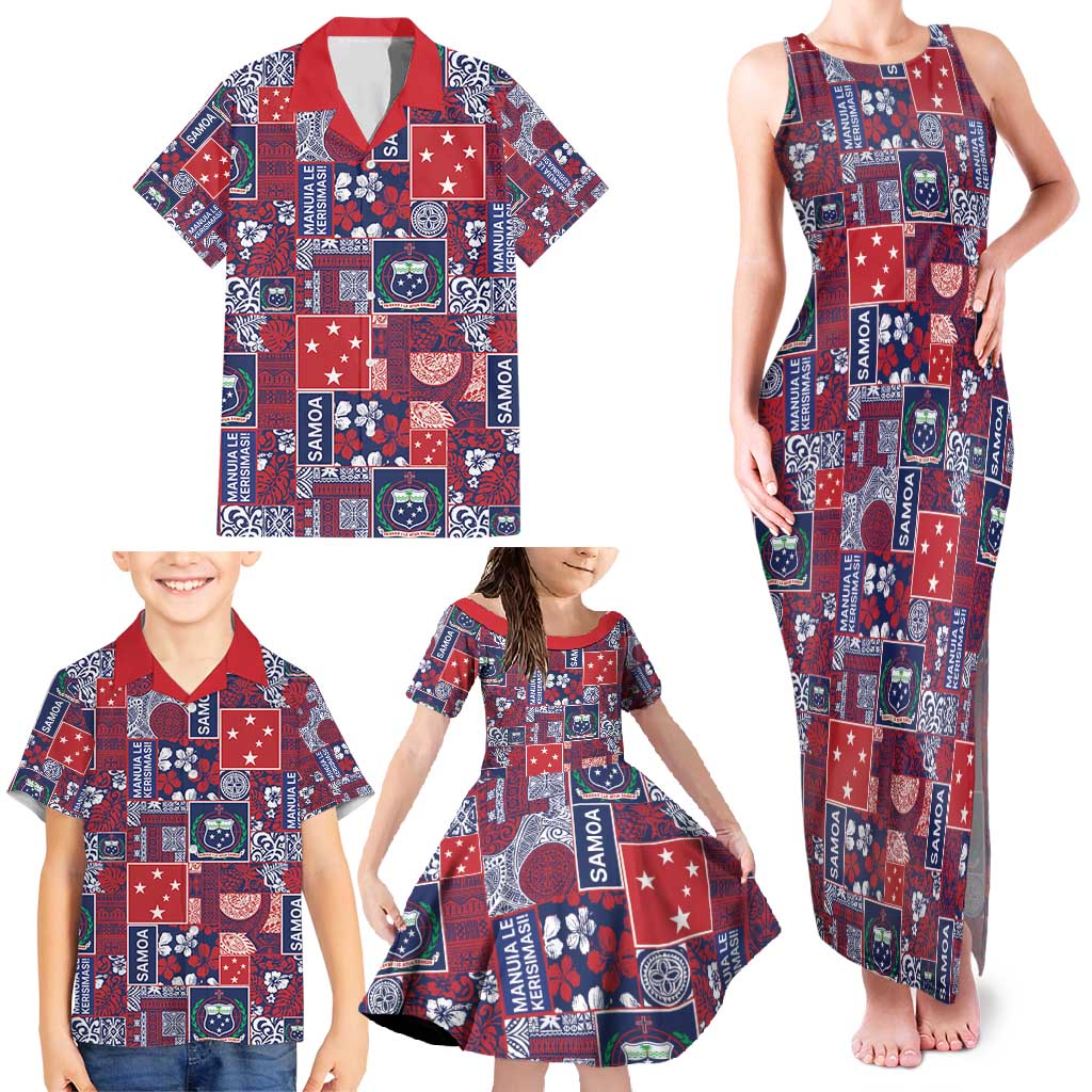 Red Samoa Manuia Le Kerisimasi Family Matching Tank Maxi Dress and Hawaiian Shirt Pacific Patchwork Xmas Vibes - Polynesian Pride
