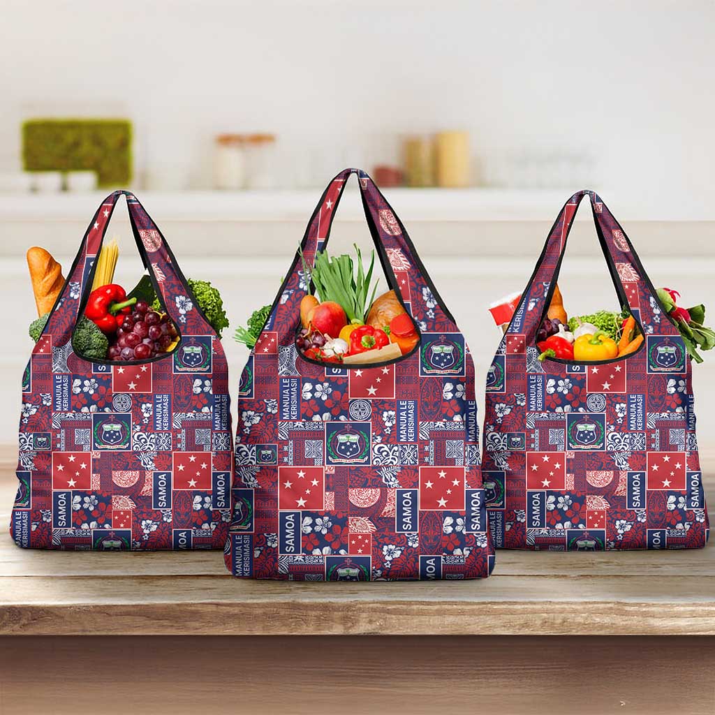 Red Samoa Manuia Le Kerisimasi Grocery Bag Pacific Patchwork Xmas Vibes - Polynesian Pride