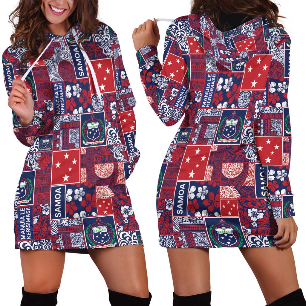 Red Samoa Manuia Le Kerisimasi Hoodie Dress Pacific Patchwork Xmas Vibes - Polynesian Pride