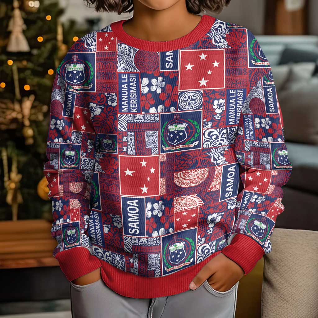 Red Samoa Manuia Le Kerisimasi Kid Ugly Christmas Sweater Pacific Patchwork Xmas Vibes - Polynesian Pride