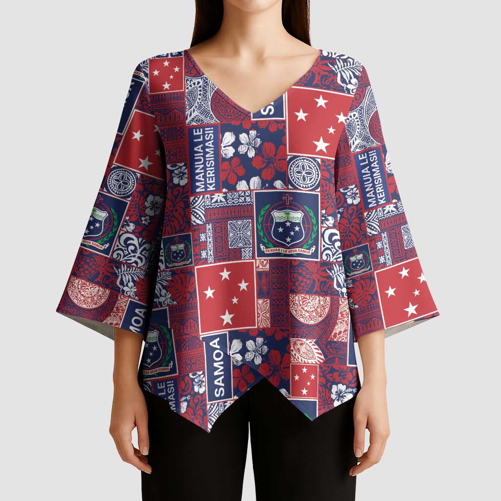 Red Samoa Manuia Le Kerisimasi Kimono Sleeve Blouse Pacific Patchwork Xmas Vibes - Polynesian Pride