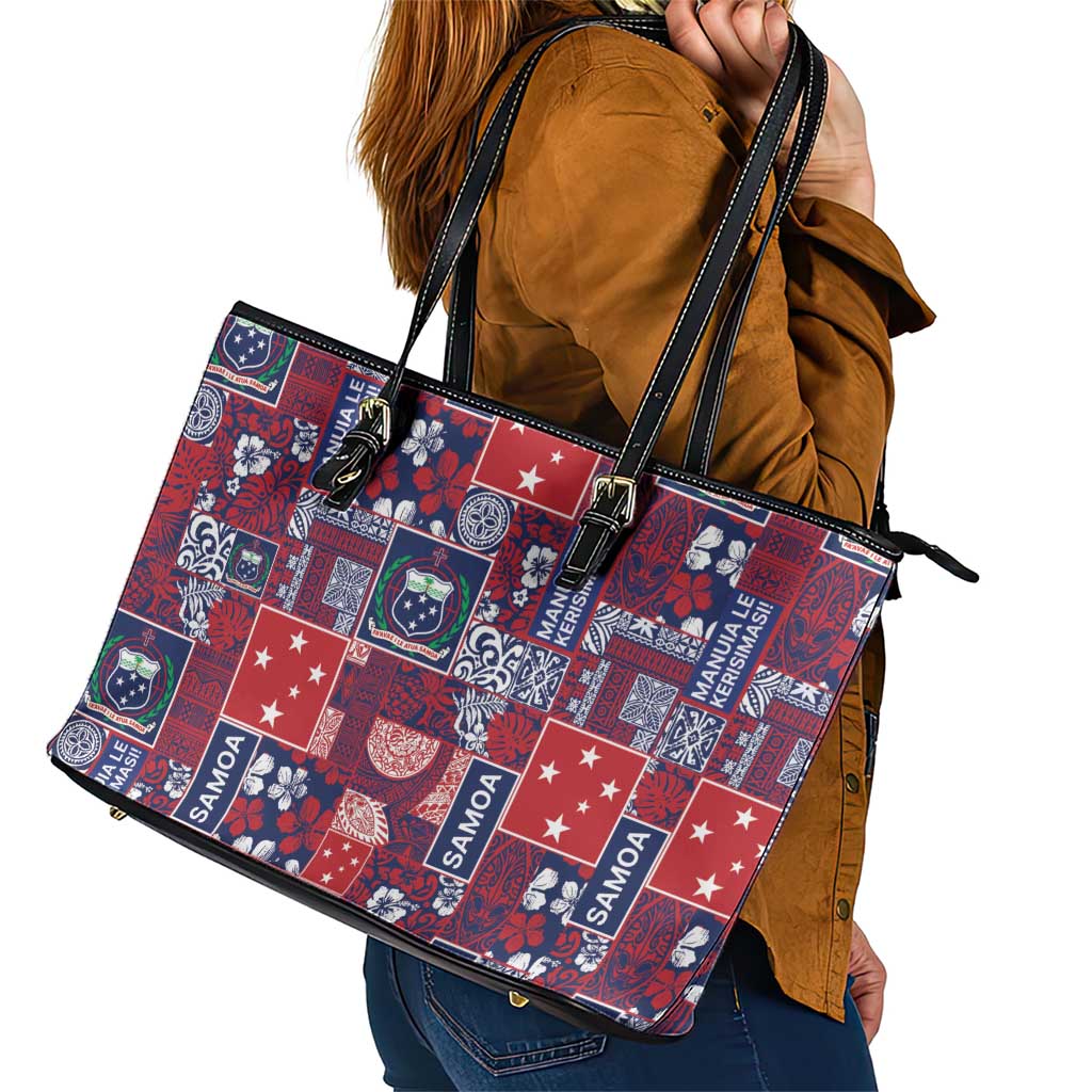 Red Samoa Manuia Le Kerisimasi Leather Tote Bag Pacific Patchwork Xmas Vibes - Polynesian Pride