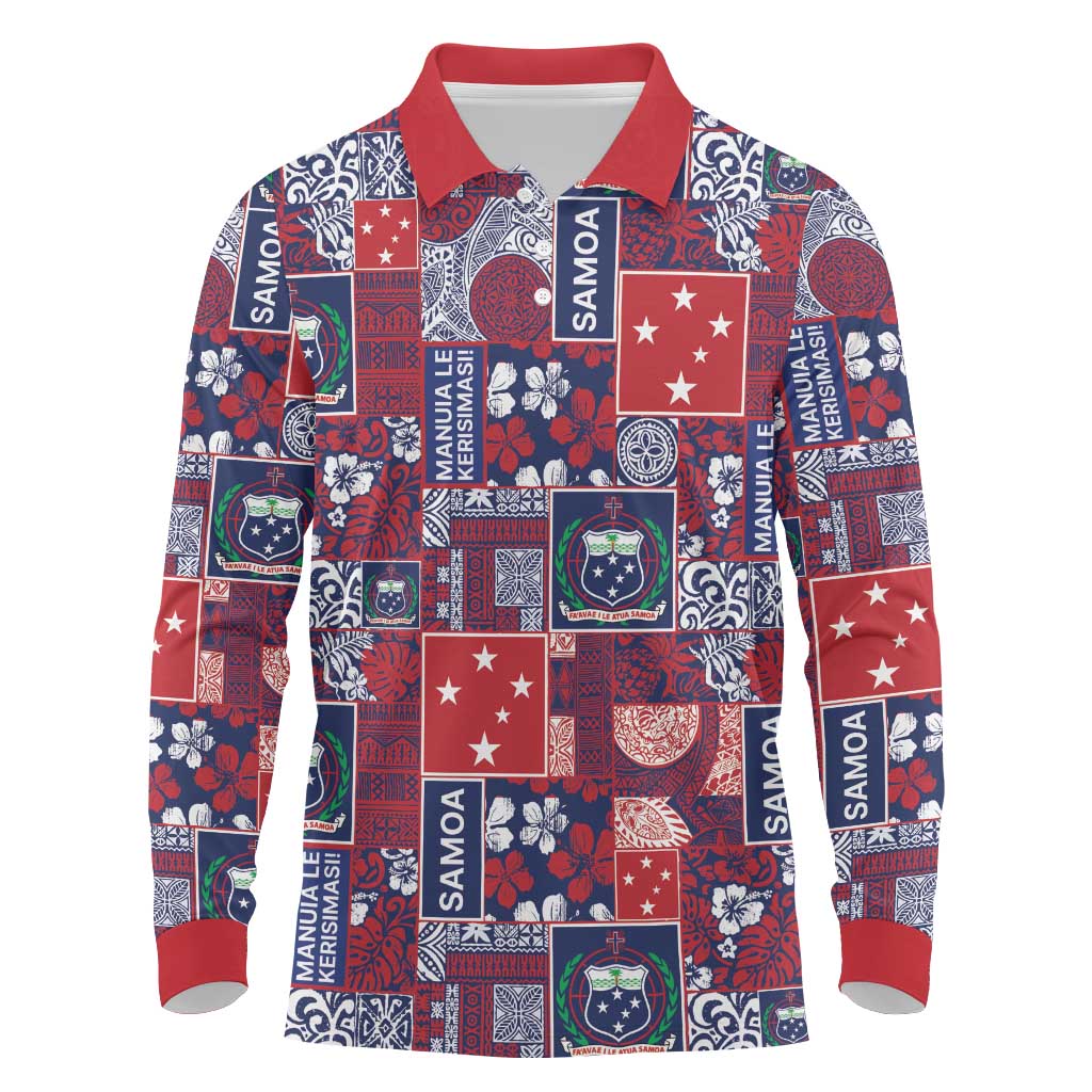 Red Samoa Manuia Le Kerisimasi Long Sleeve Polo Shirt Pacific Patchwork Xmas Vibes - Polynesian Pride