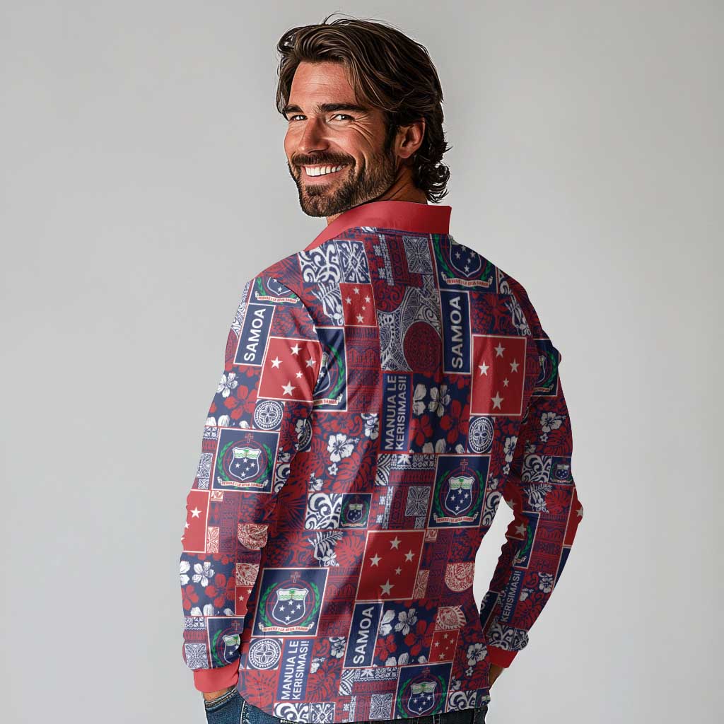 Red Samoa Manuia Le Kerisimasi Long Sleeve Polo Shirt Pacific Patchwork Xmas Vibes - Polynesian Pride