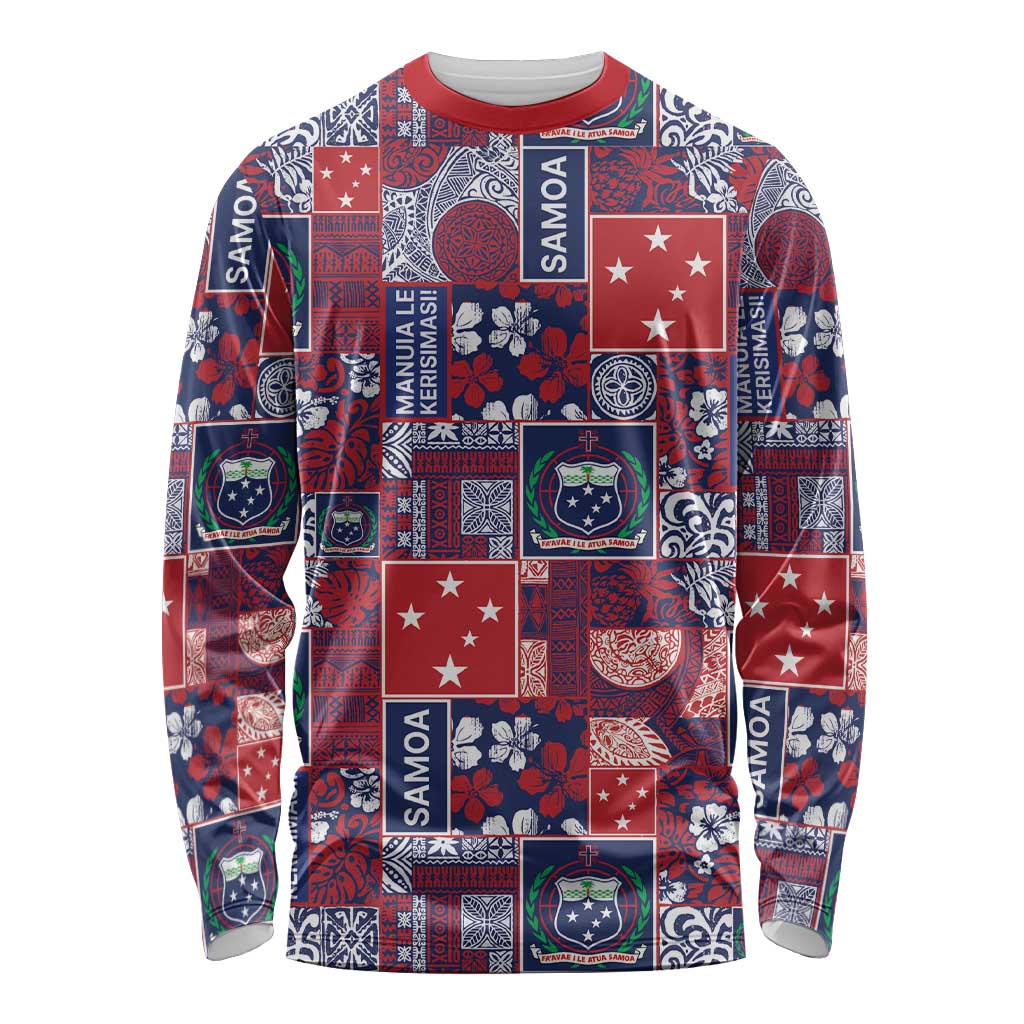 Red Samoa Manuia Le Kerisimasi Long Sleeve Shirt Pacific Patchwork Xmas Vibes - Polynesian Pride