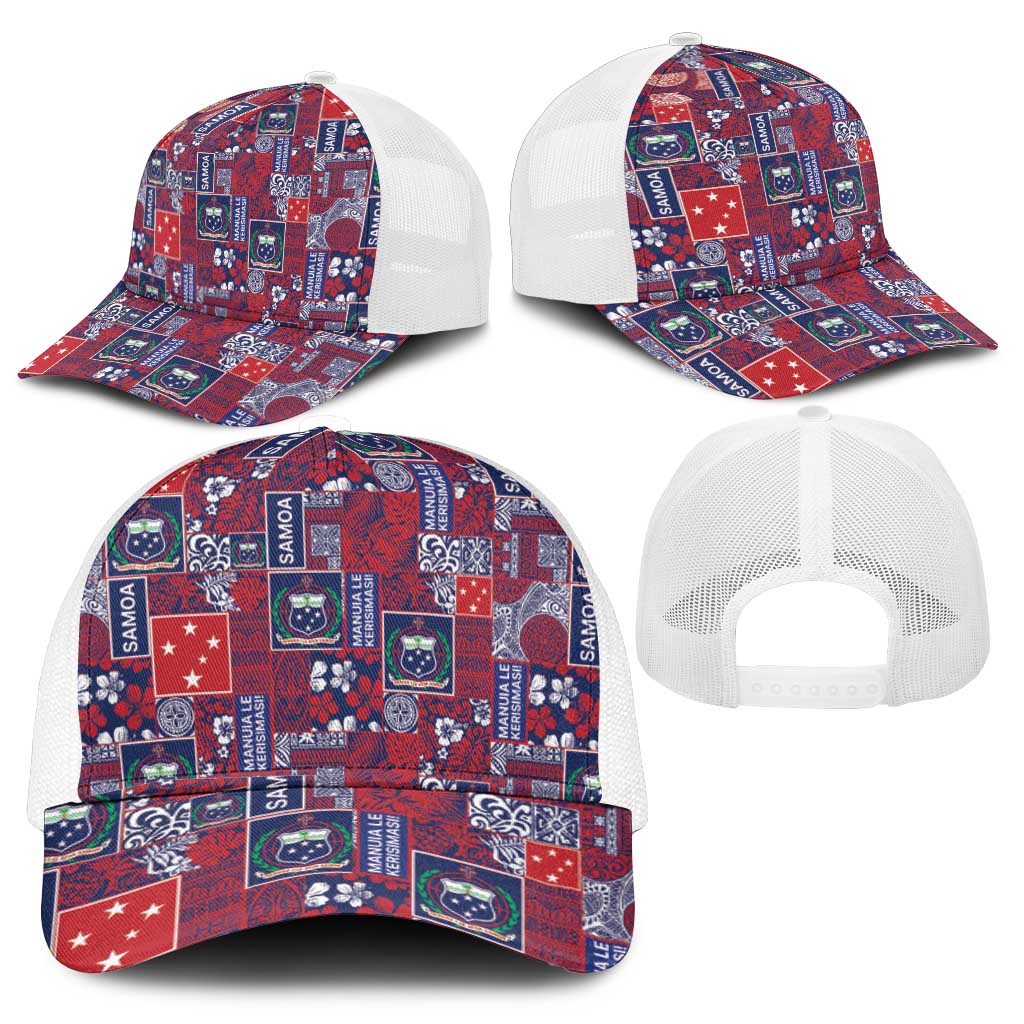 Red Samoa Manuia Le Kerisimasi Mesh Trucker Cap Pacific Patchwork Xmas Vibes - Polynesian Pride