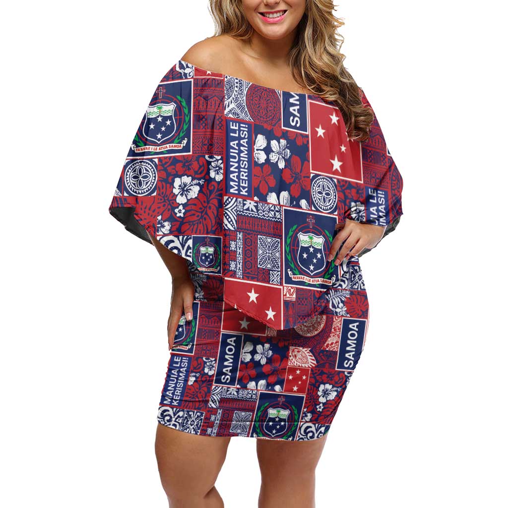 Red Samoa Manuia Le Kerisimasi Off Shoulder Short Dress Pacific Patchwork Xmas Vibes - Polynesian Pride