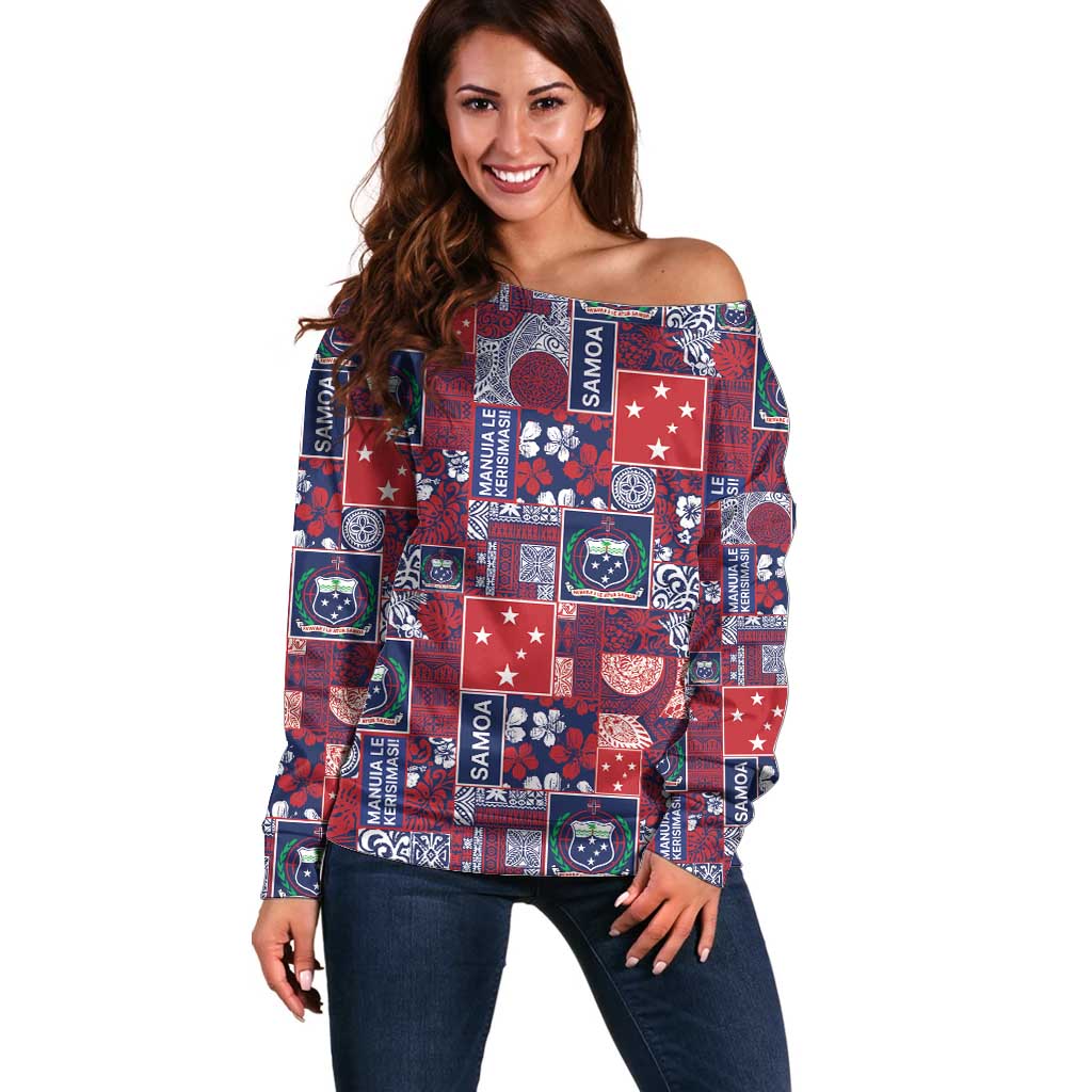 Red Samoa Manuia Le Kerisimasi Off Shoulder Sweater Pacific Patchwork Xmas Vibes - Polynesian Pride