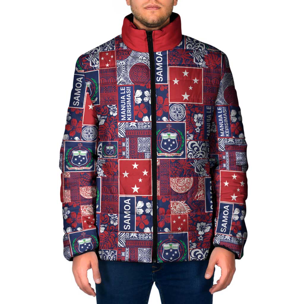 Red Samoa Manuia Le Kerisimasi Padded Jacket Pacific Patchwork Xmas Vibes - Polynesian Pride