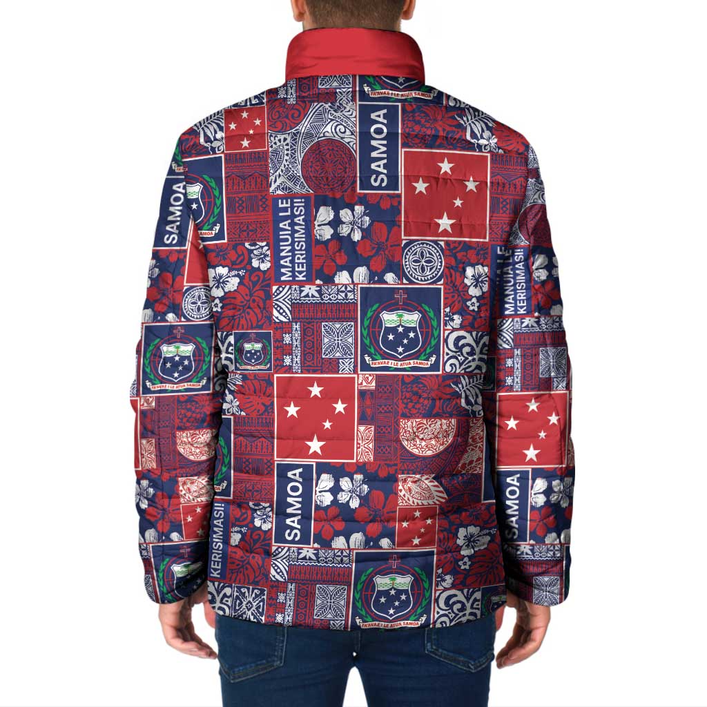 Red Samoa Manuia Le Kerisimasi Padded Jacket Pacific Patchwork Xmas Vibes - Polynesian Pride