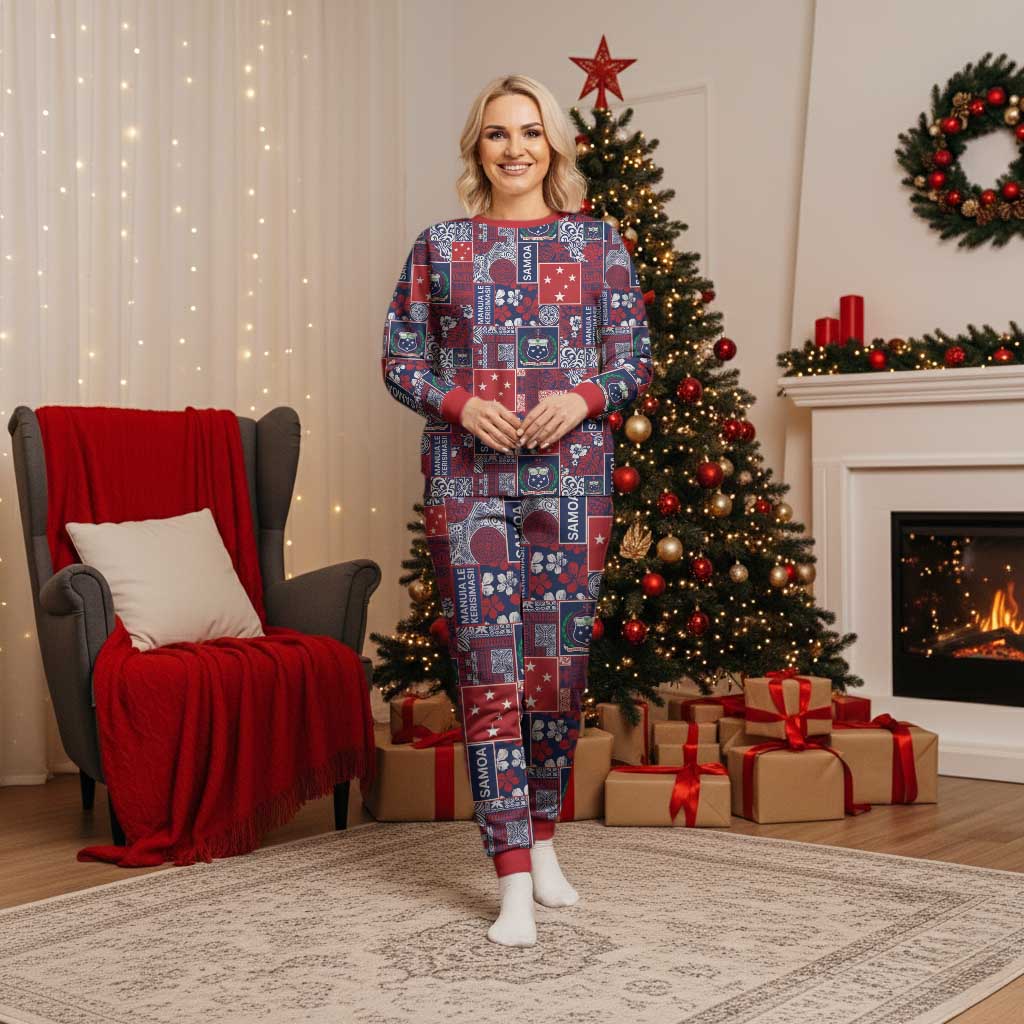 Red Samoa Manuia Le Kerisimasi Christmas Pajama Set Pacific Patchwork Xmas Vibes - Polynesian Pride