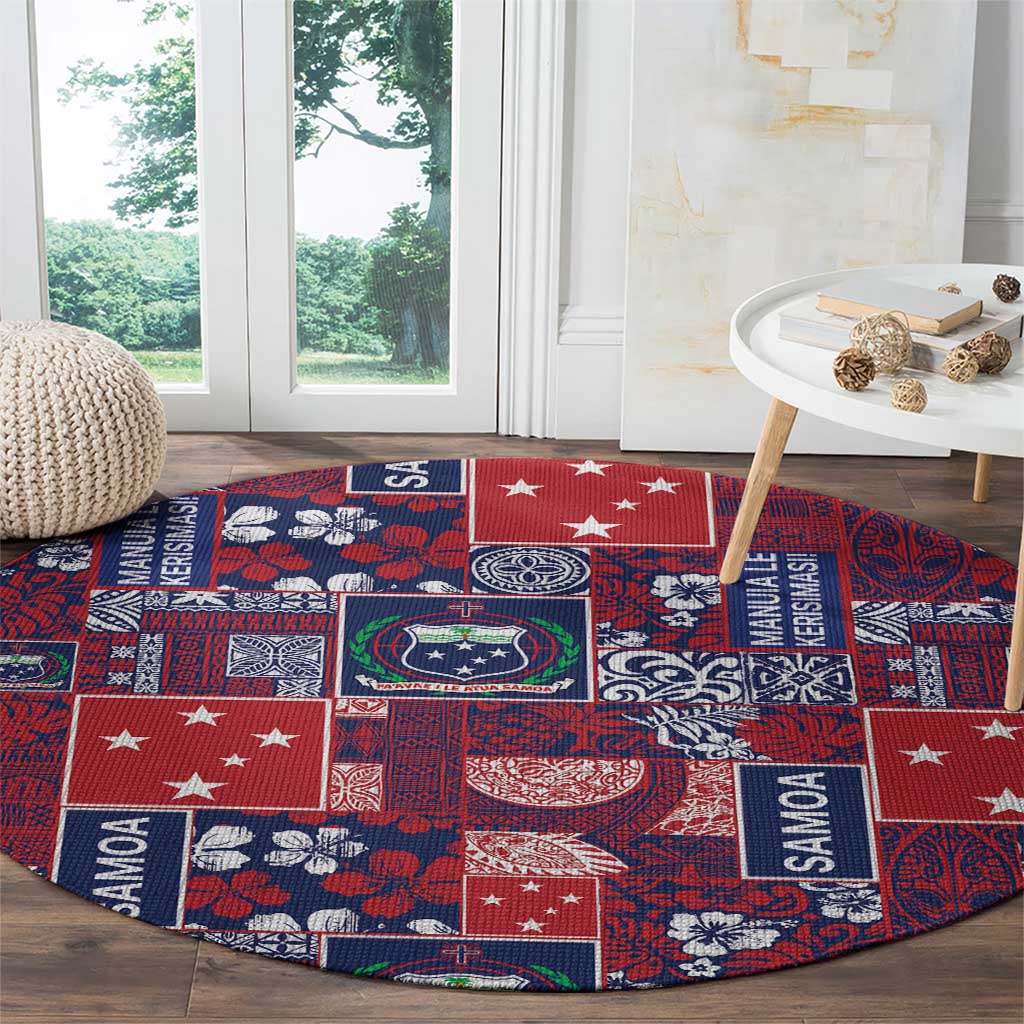 Red Samoa Manuia Le Kerisimasi Round Carpet Pacific Patchwork Xmas Vibes - Polynesian Pride