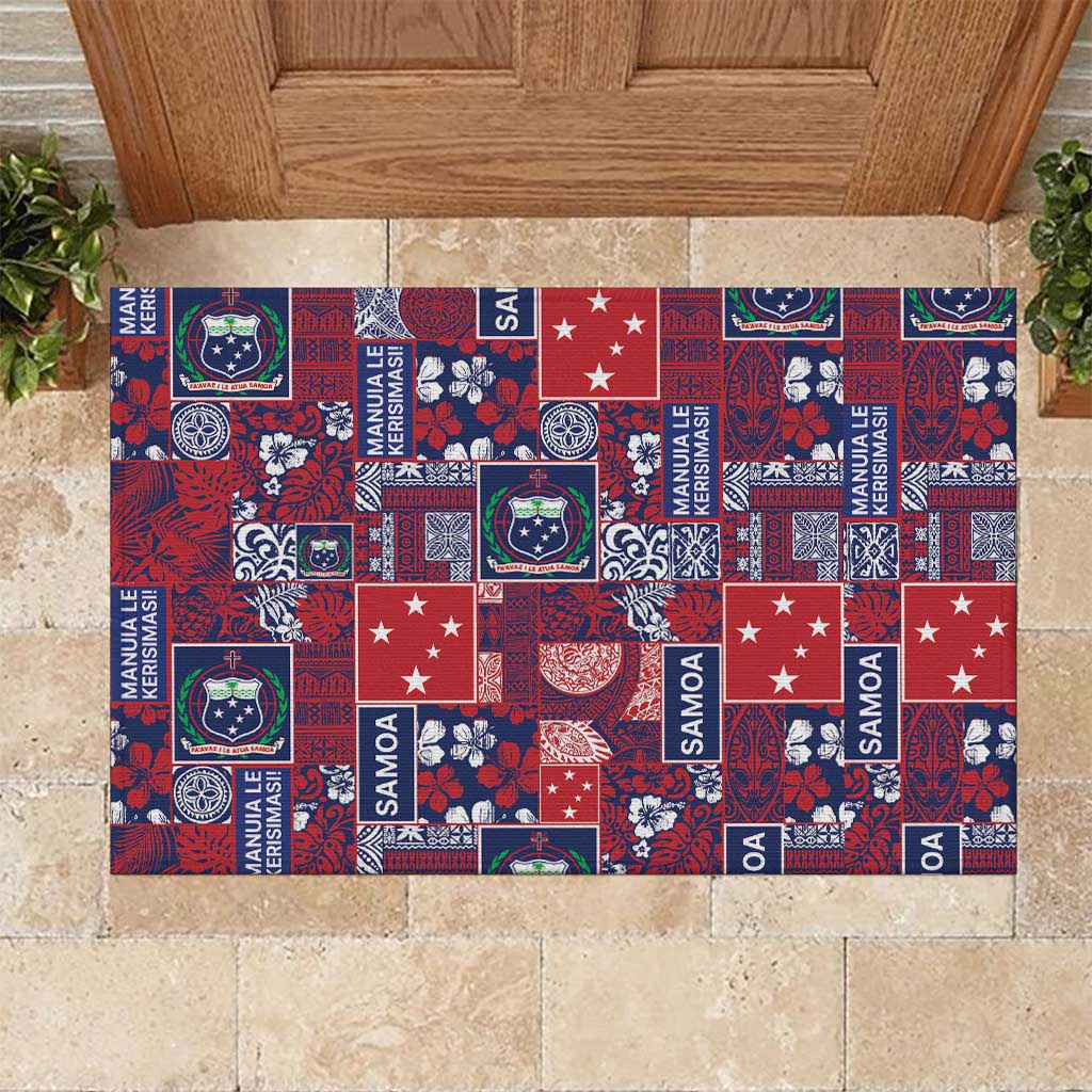 Red Samoa Manuia Le Kerisimasi Rubber Doormat Pacific Patchwork Xmas Vibes - Polynesian Pride
