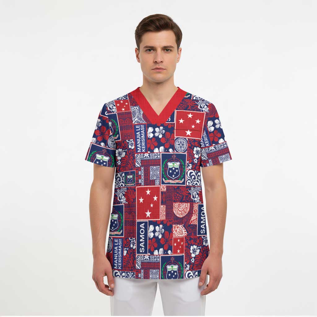 Red Samoa Manuia Le Kerisimasi Scrub Top Pacific Patchwork Xmas Vibes - Polynesian Pride