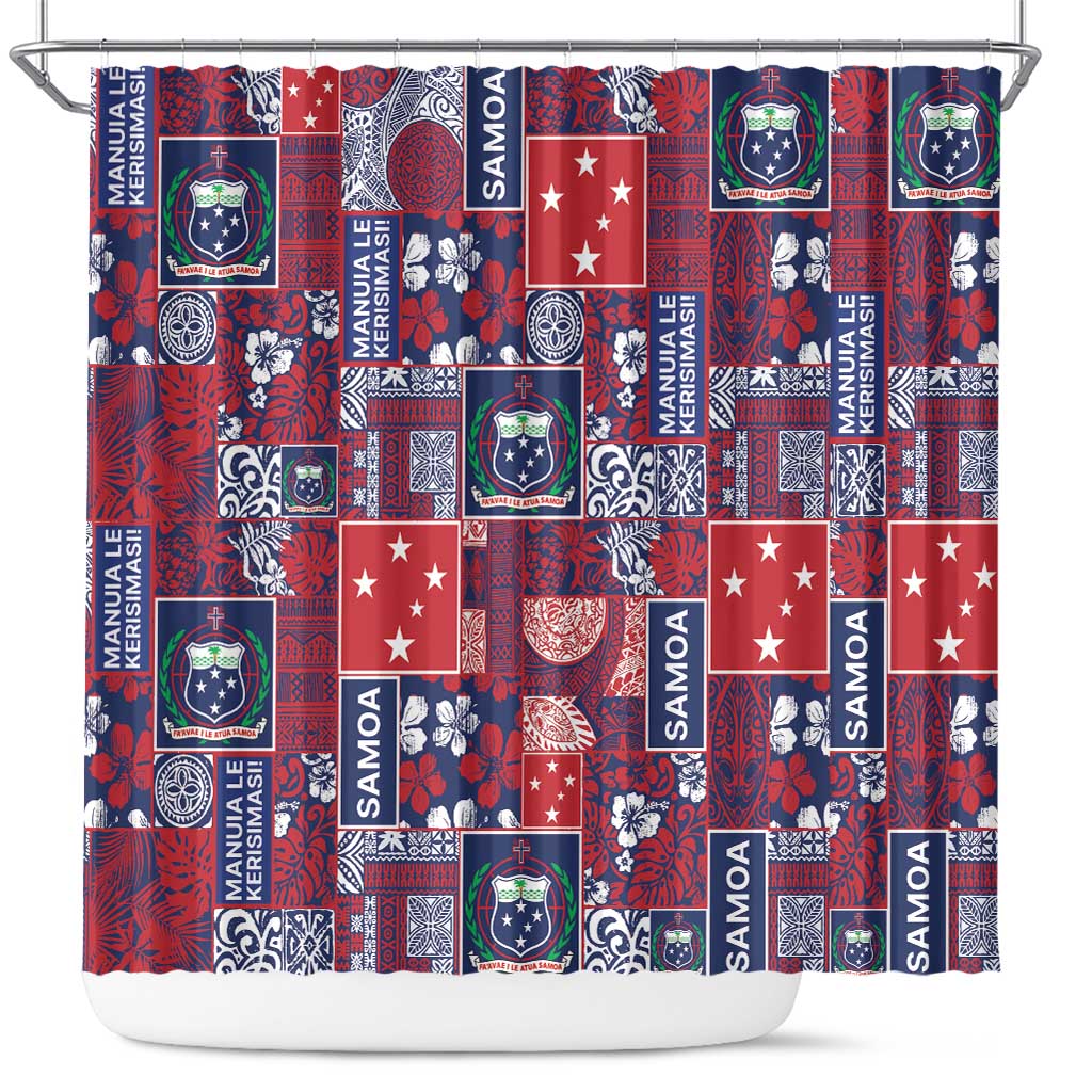 Red Samoa Manuia Le Kerisimasi Shower Curtain Pacific Patchwork Xmas Vibes - Polynesian Pride