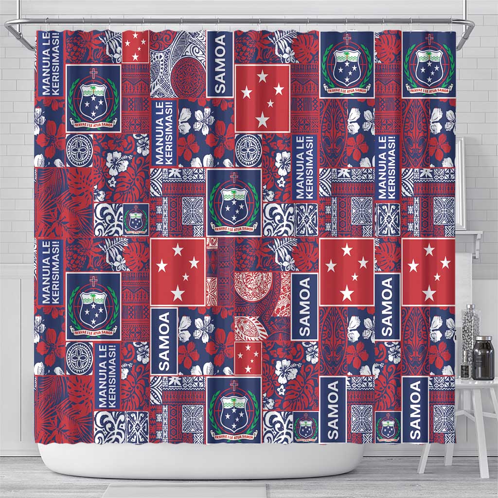 Red Samoa Manuia Le Kerisimasi Shower Curtain Pacific Patchwork Xmas Vibes - Polynesian Pride