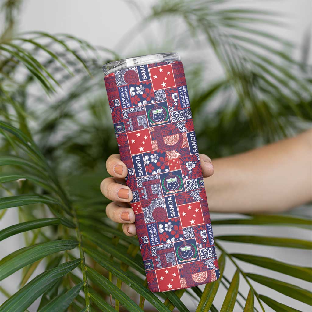 Red Samoa Manuia Le Kerisimasi Skinny Tumbler Pacific Patchwork Xmas Vibes - Polynesian Pride