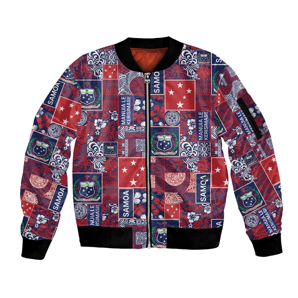 Red Samoa Manuia Le Kerisimasi Sleeve Zip Bomber Jacket Pacific Patchwork Xmas Vibes - Polynesian Pride