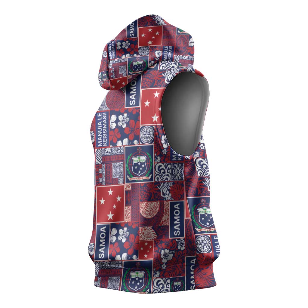 Red Samoa Manuia Le Kerisimasi Sleeveless Hoodie Pacific Patchwork Xmas Vibes - Polynesian Pride