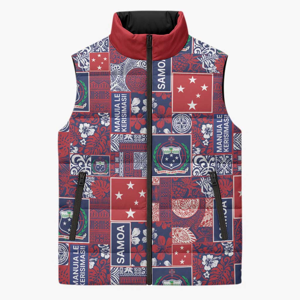 Red Samoa Manuia Le Kerisimasi Sleeveless Puffer Jacket Pacific Patchwork Xmas Vibes - Polynesian Pride