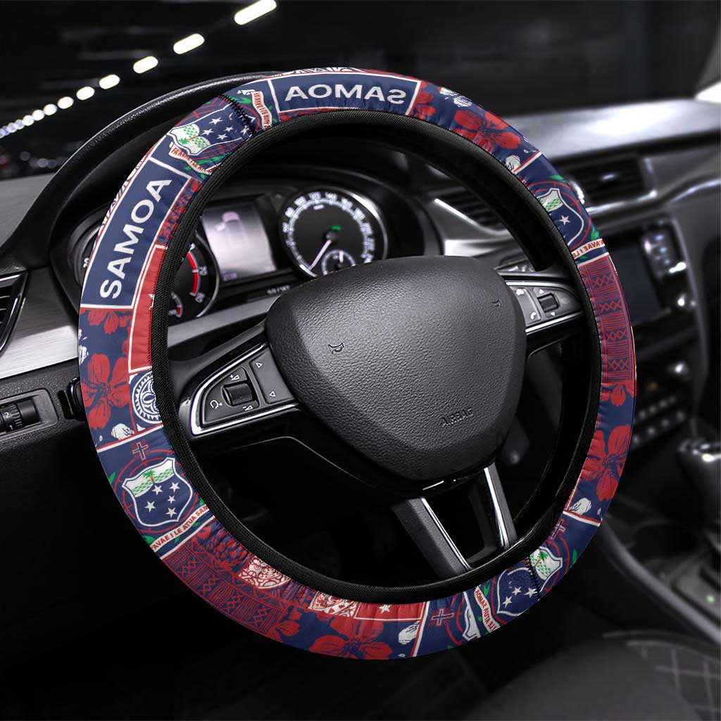 Red Samoa Manuia Le Kerisimasi Steering Wheel Cover Pacific Patchwork Xmas Vibes - Polynesian Pride