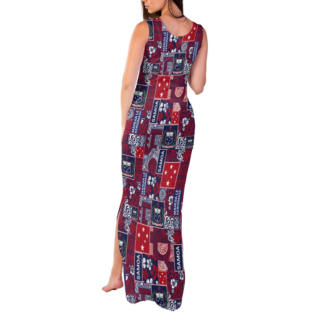 Red Samoa Manuia Le Kerisimasi Tank Maxi Dress Pacific Patchwork Xmas Vibes - Polynesian Pride