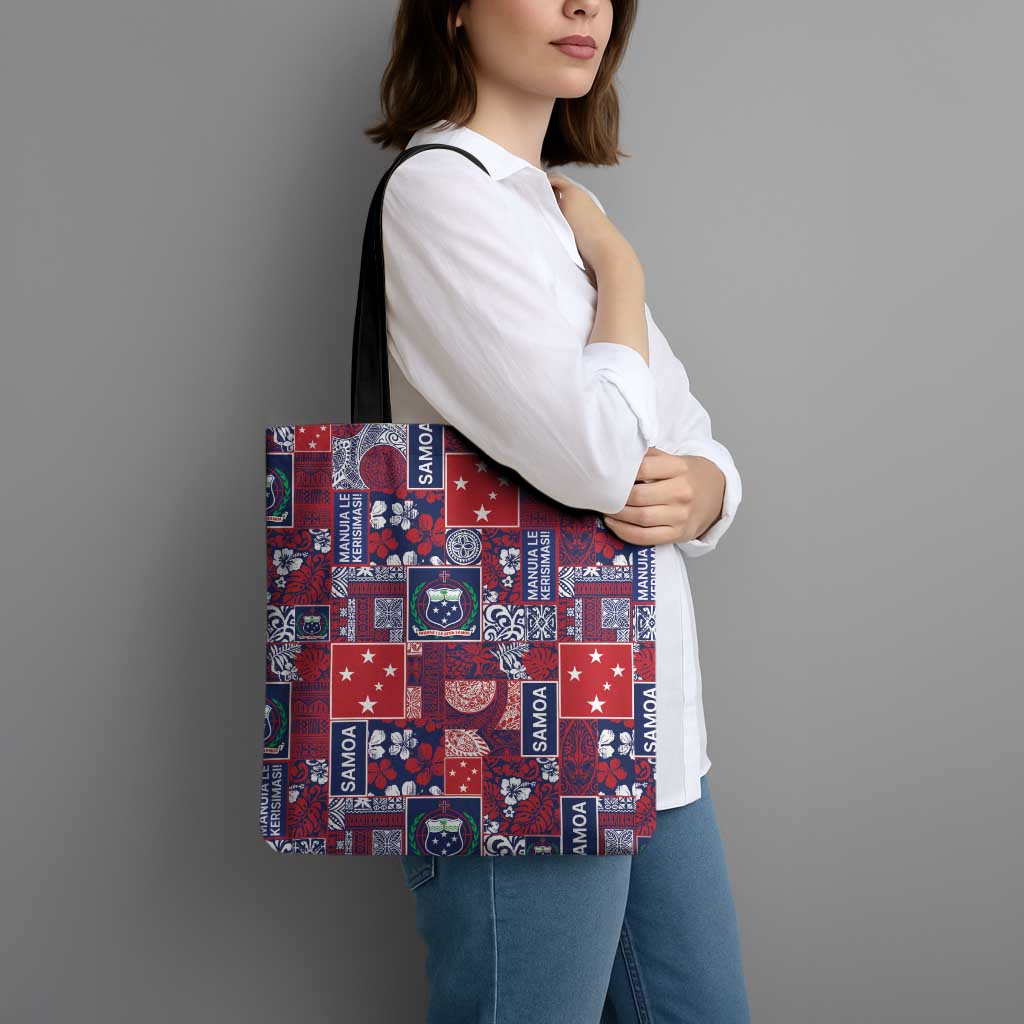 Red Samoa Manuia Le Kerisimasi Tote Bag Pacific Patchwork Xmas Vibes - Polynesian Pride