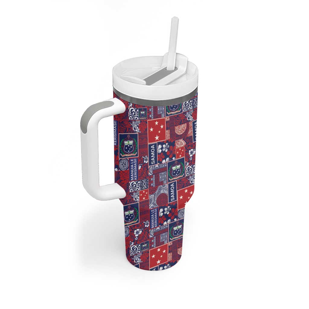 Red Samoa Manuia Le Kerisimasi Tumbler With Handle Pacific Patchwork Xmas Vibes - Polynesian Pride