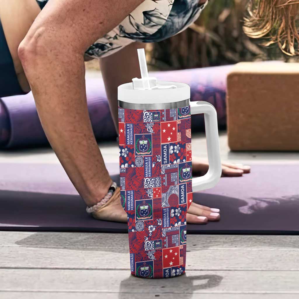 Red Samoa Manuia Le Kerisimasi Tumbler With Handle Pacific Patchwork Xmas Vibes - Polynesian Pride