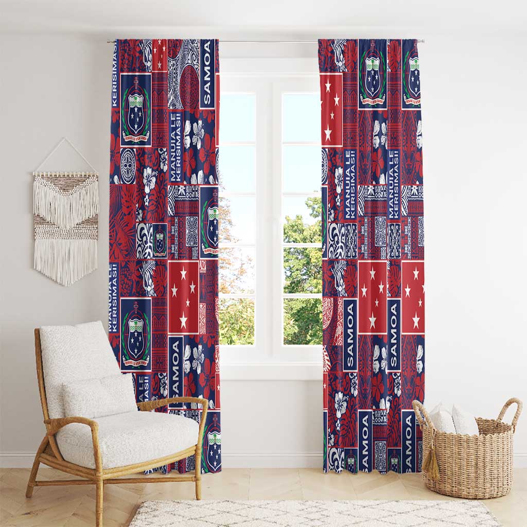 Red Samoa Manuia Le Kerisimasi Window Curtain Pacific Patchwork Xmas Vibes - Polynesian Pride