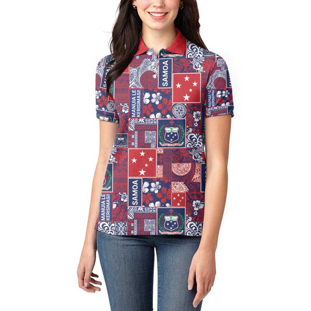 Red Samoa Manuia Le Kerisimasi Women Polo Shirt Pacific Patchwork Xmas Vibes - Polynesian Pride