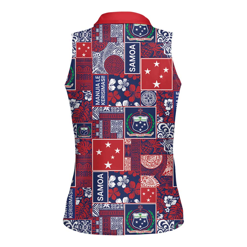 Red Samoa Manuia Le Kerisimasi Women Sleeveless Polo Shirt Pacific Patchwork Xmas Vibes - Polynesian Pride