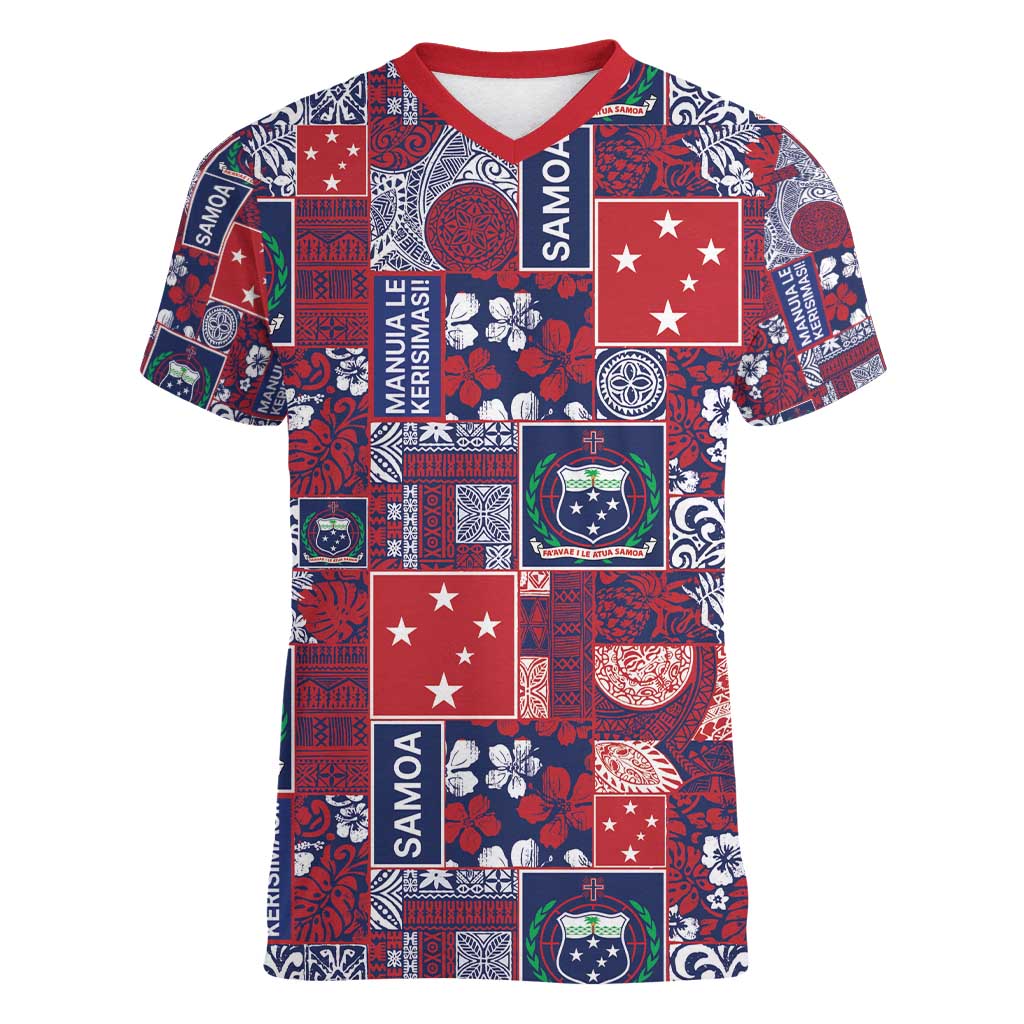 Red Samoa Manuia Le Kerisimasi Women V-Neck T-Shirt Pacific Patchwork Xmas Vibes - Polynesian Pride