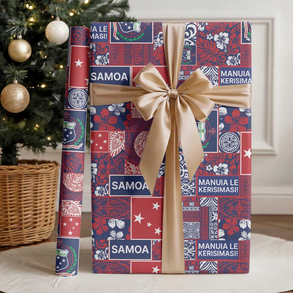 Red Samoa Manuia Le Kerisimasi Wrapping Paper Pacific Patchwork Xmas Vibes - Polynesian Pride