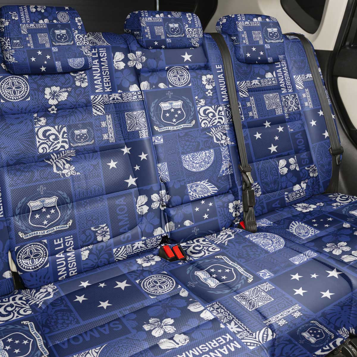 Blue Samoa Manuia Le Kerisimasi Back Car Seat Cover Pacific Patchwork Xmas Vibes - Polynesian Pride