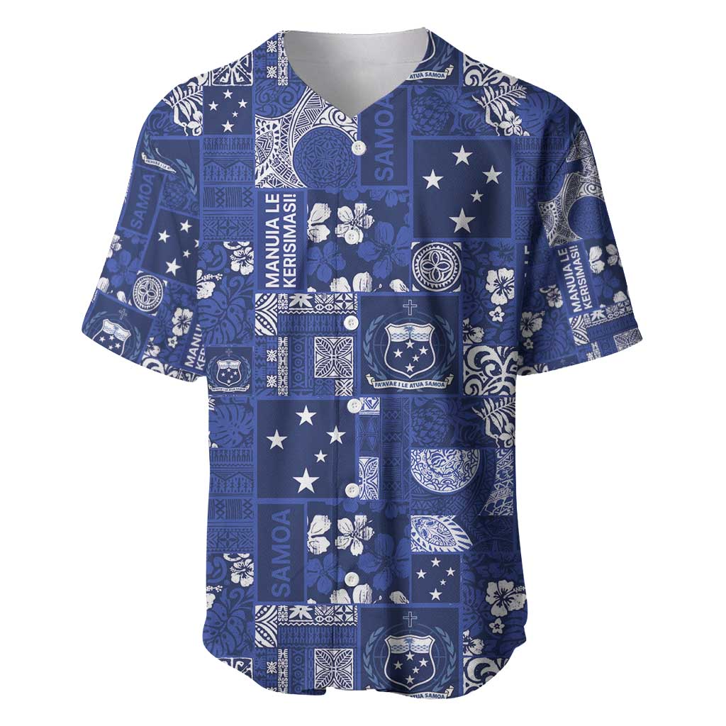 Blue Samoa Manuia Le Kerisimasi Baseball Jersey Pacific Patchwork Xmas Vibes - Polynesian Pride