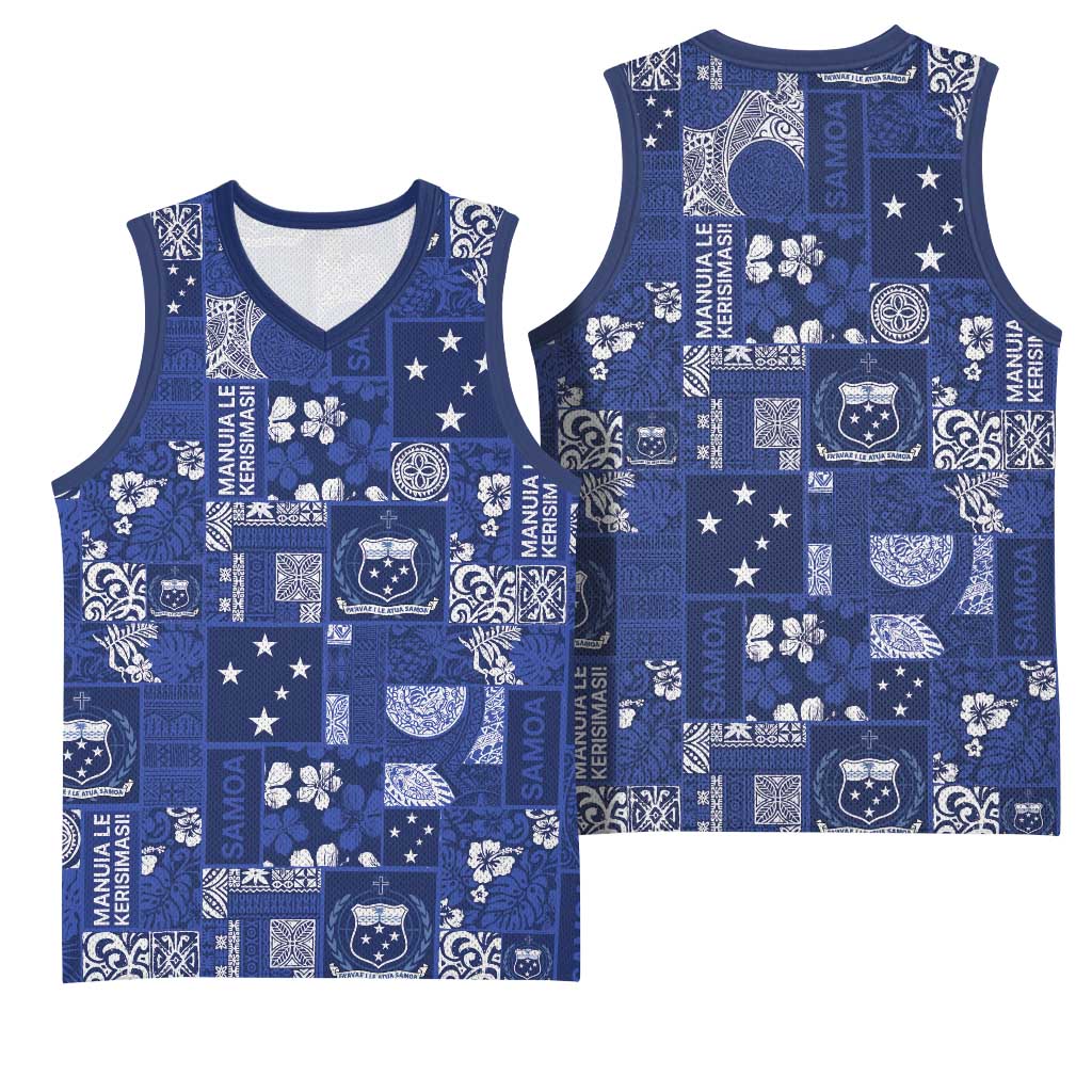 Blue Samoa Manuia Le Kerisimasi Basketball Jersey Pacific Patchwork Xmas Vibes - Polynesian Pride