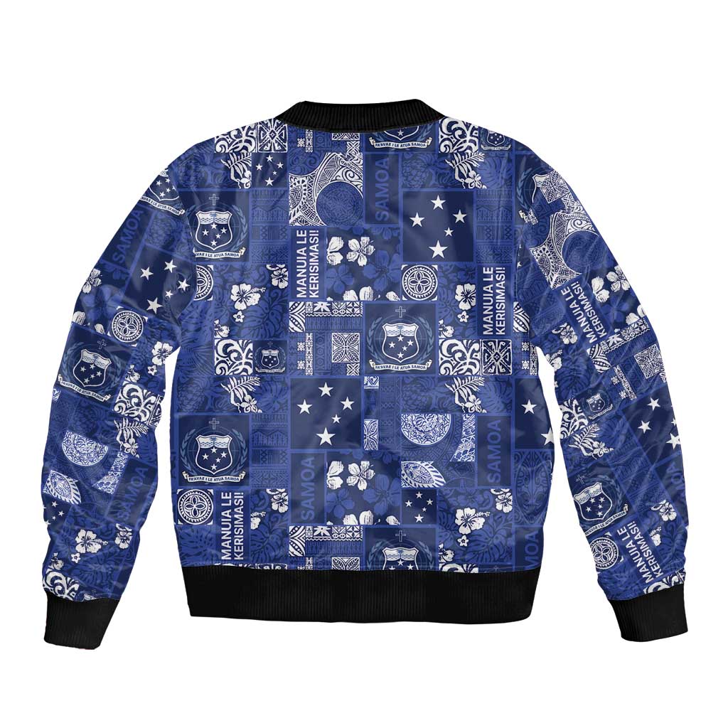 Blue Samoa Manuia Le Kerisimasi Bomber Jacket Pacific Patchwork Xmas Vibes - Polynesian Pride