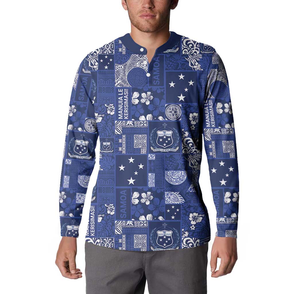 Blue Samoa Manuia Le Kerisimasi Button Sweatshirt Pacific Patchwork Xmas Vibes - Polynesian Pride