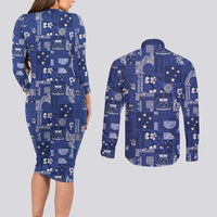 Blue Samoa Manuia Le Kerisimasi Couples Matching Long Sleeve Bodycon Dress and Long Sleeve Button Shirt Pacific Patchwork Xmas Vibes - Polynesian Pride