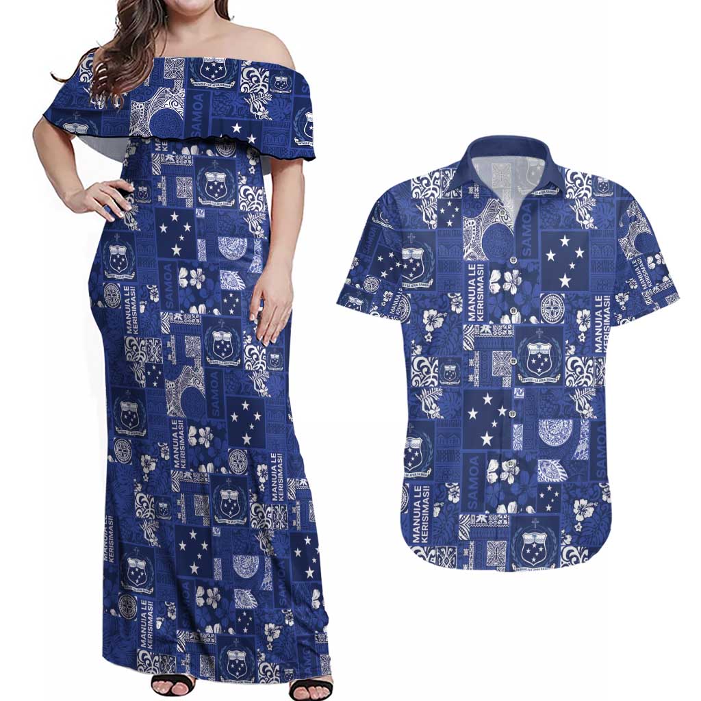 Blue Samoa Manuia Le Kerisimasi Couples Matching Off Shoulder Maxi Dress and Hawaiian Shirt Pacific Patchwork Xmas Vibes - Polynesian Pride