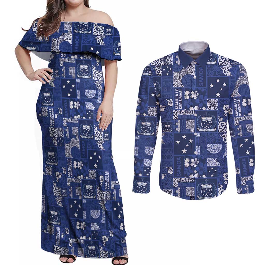 Blue Samoa Manuia Le Kerisimasi Couples Matching Off Shoulder Maxi Dress and Long Sleeve Button Shirt Pacific Patchwork Xmas Vibes - Polynesian Pride