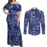 Blue Samoa Manuia Le Kerisimasi Couples Matching Off Shoulder Maxi Dress and Long Sleeve Button Shirt Pacific Patchwork Xmas Vibes - Polynesian Pride