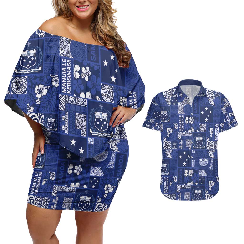 Blue Samoa Manuia Le Kerisimasi Couples Matching Off Shoulder Short Dress and Hawaiian Shirt Pacific Patchwork Xmas Vibes - Polynesian Pride