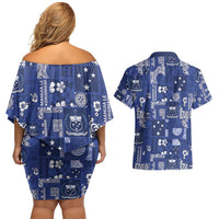 Blue Samoa Manuia Le Kerisimasi Couples Matching Off Shoulder Short Dress and Hawaiian Shirt Pacific Patchwork Xmas Vibes - Polynesian Pride