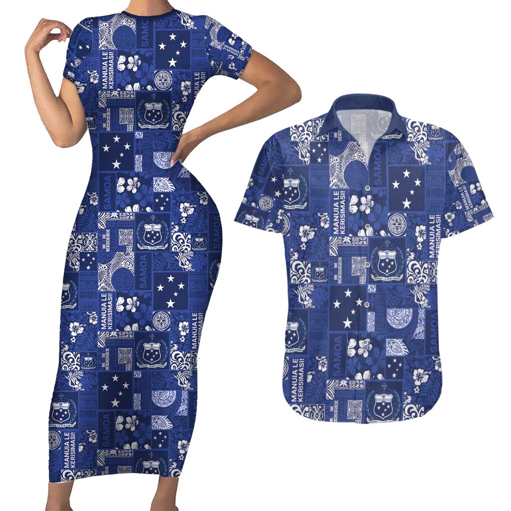 Blue Samoa Manuia Le Kerisimasi Couples Matching Short Sleeve Bodycon Dress and Hawaiian Shirt Pacific Patchwork Xmas Vibes - Polynesian Pride